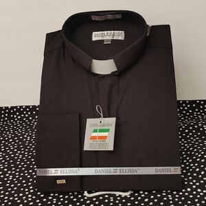 DANIEL ELLISSA MEN'S BLACK CLERGY SHIRT, WHITE TAB, WITH FRENCH CUFFS.
